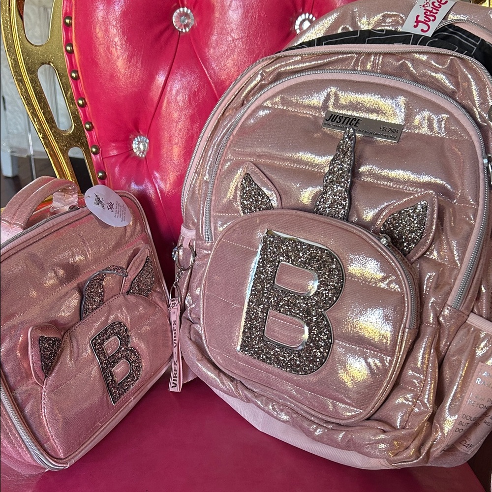 Justice Glittery Pink Backpack and Lunch Bag Set